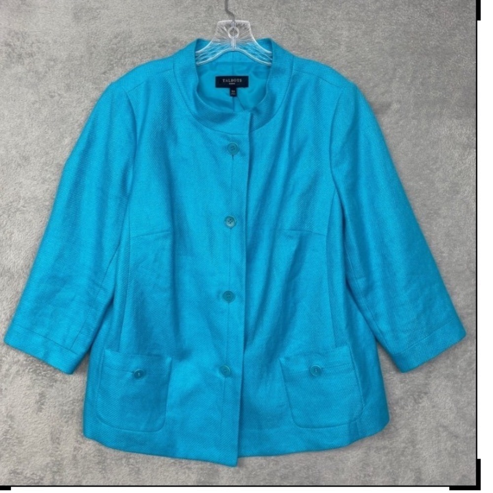 Talbots Blazer Womens Size 16 Teal Blue Linen Blend Collarless Jacket Button - Picture 2 of 8